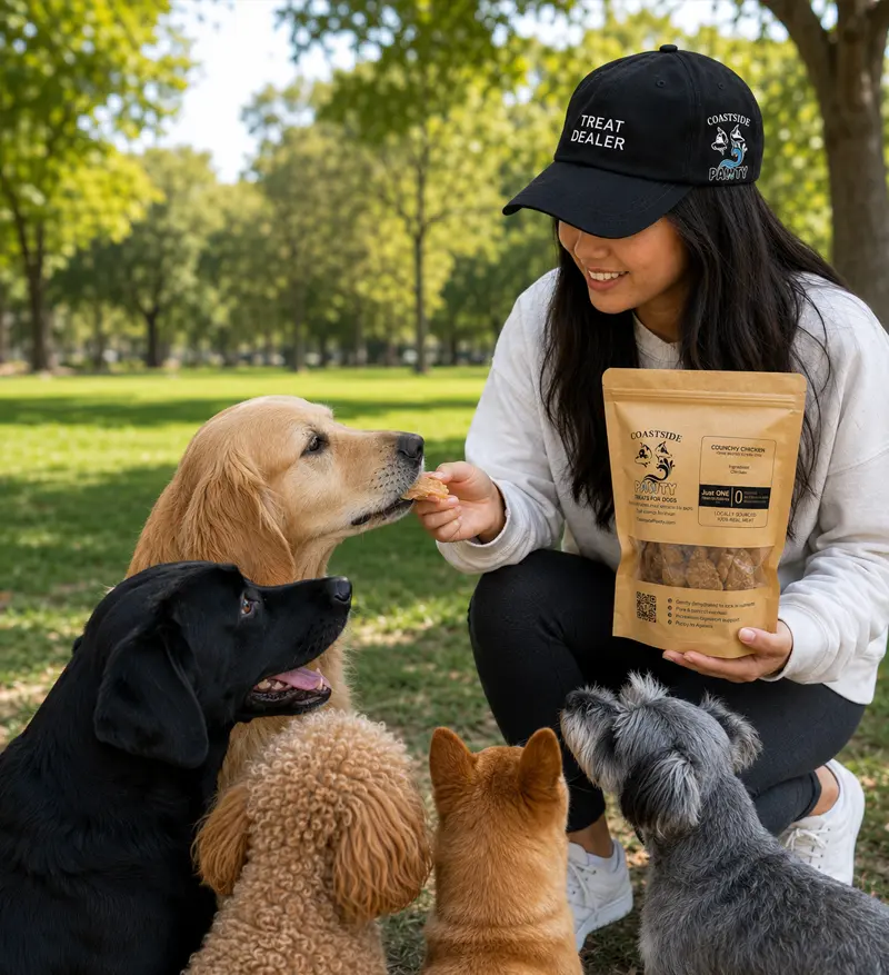 woman giving dog treats