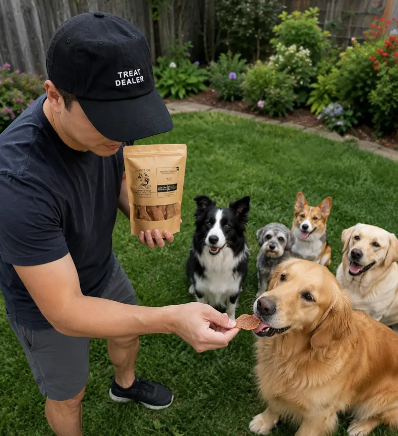Man giving dog treats